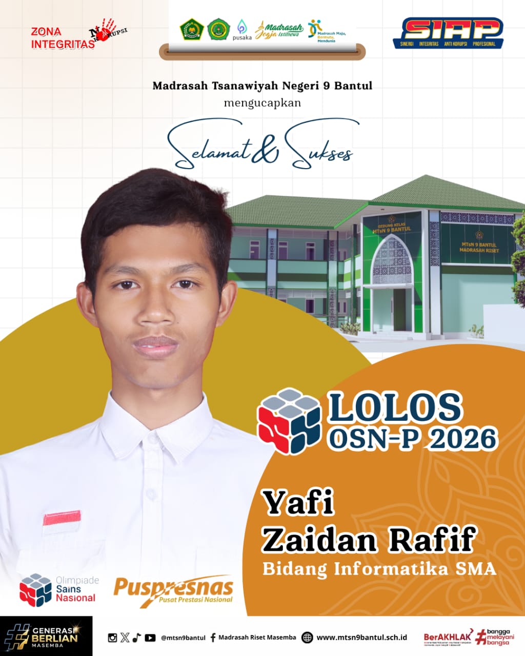 MTsN 9 Bantul Kembali Berprestasi, Yafi Zaidan Rafif Lolos OSN SMA Tingkat Provinsi